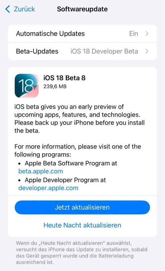 让胡路苹果手机维修分享苹果 iOS / iPadOS 18 开发者预览版 Beta 8 发布 